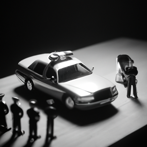 תמונה בשחור-לבן של מכונית מוקפת בשוטרים