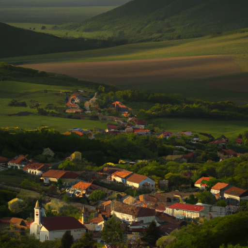 צילום נופי של כפר קטן בהונגריה, מוקף בגבעות מתגלגלות וצמחייה עבותה.